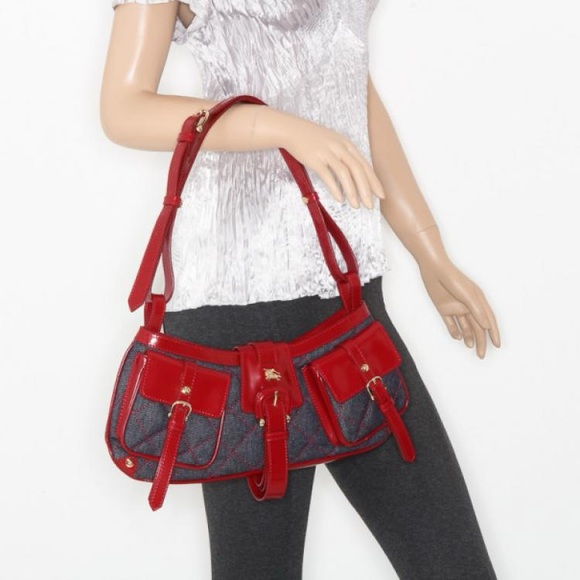 Burberry Red Quilted Denim with Leather Trim Shoulder or Crossbody Bag small